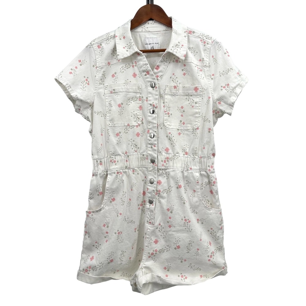 Celebrity Pink Floral Romper Short Sleeve Ivory Floral Snap Front Large 11-13